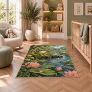 frog fishing at the pond rug in a nursery with a crib and armchair