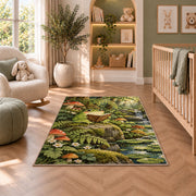 frog reading a book rug in a nursery with a crib and armchair