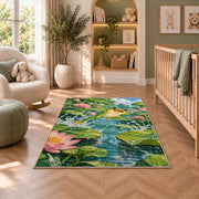 frog leaping between lily pads rug in a nursery with a crib and armchair