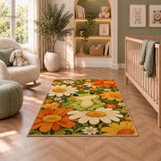 retro frog with daisies rug in a nursery with a crib and armchair
