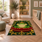 frog prince wearing a crown rug in a nursery with a crib and armchair