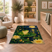 frog under the full moon rug in a nursery with a crib and armchair