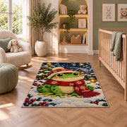 frog in a winter scarf and hat rug in a nursery with a crib and armchair