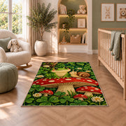frog and snail on a mushroom rug in a nursery with a crib and armchair