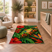 red-eyed tree frog in the rainforest rug in a nursery with a crib and armchair