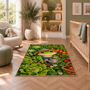 frog in a vegetable garden rug in a nursery with a crib and armchair