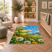 frog blowing a dandelion rug in a nursery with a crib and armchair
