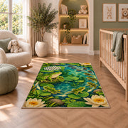 frog life cycle around a pond rug in a nursery with a crib and armchair