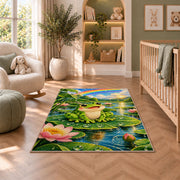 happy frog under a rainbow rug in a nursery with a crib and armchair
