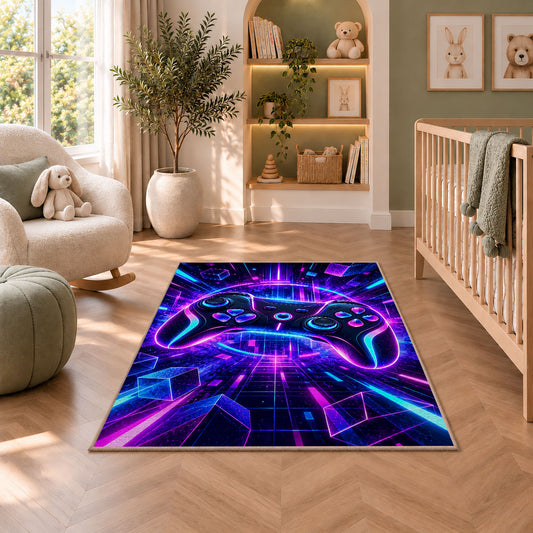 Neon Game Controller rug in a nursery with a crib and armchair