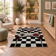 Retro Controller Checkerboard rug in a nursery with a crib and armchair