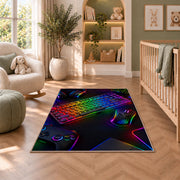 Rainbow Mechanical Keyboard rug in a nursery with a crib and armchair