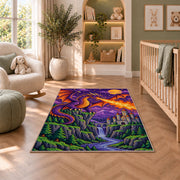 Pixel Dragon and Castle rug in a nursery with a crib and armchair