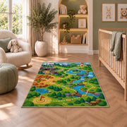Game Level Map rug in a nursery with a crib and armchair