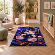 Gamer Cat rug in a nursery with a crib and armchair