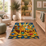 Pixel Treasure Chest rug in a nursery with a crib and armchair