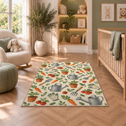 Garden Tools Pattern Rug in a nursery with a crib and armchair