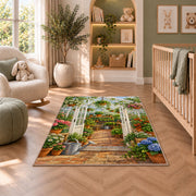 Greenhouse Rug in a nursery with a crib and armchair