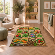 Vintage Seed Packet Rug in a nursery with a crib and armchair