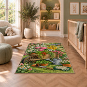 Wheelbarrow Garden Rug in a nursery with a crib and armchair