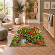 Tomato Garden Rug in a nursery with a crib and armchair