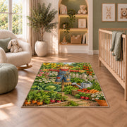 Scarecrow Garden Rug in a nursery with a crib and armchair