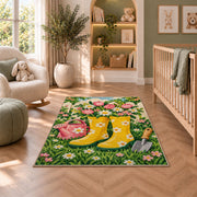 Rain Boots Flower Rug in a nursery with a crib and armchair