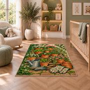 Terracotta Pots Rug in a nursery with a crib and armchair