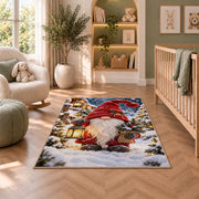 winter gnome with lantern rug in a nursery with a crib and armchair