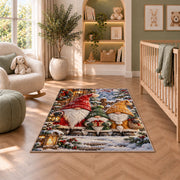 family of three gnomes rug in a nursery with a crib and armchair