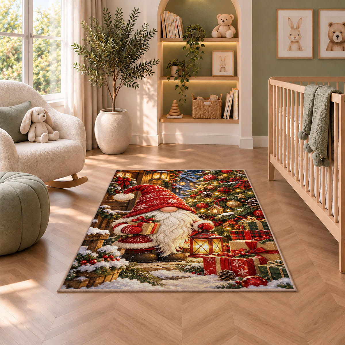 gnome by a decorated Christmas tree rug in a nursery with a crib and armchair