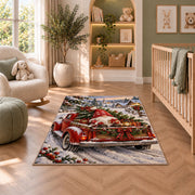 gnome riding in a red truck rug in a nursery with a crib and armchair