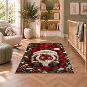 gnome on buffalo plaid rug in a nursery with a crib and armchair