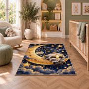 gnome sitting on the crescent moon rug in a nursery with a crib and armchair