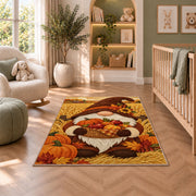 Thanksgiving harvest gnome rug in a nursery with a crib and armchair