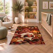 gnome by the fireplace rug in a nursery with a crib and armchair