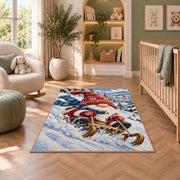 gnome sledding down a snowy hill rug in a nursery with a crib and armchair