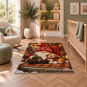 gnome and puppy on the porch rug in a nursery with a crib and armchair