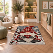 Nordic gnome holding a heart rug in a nursery with a crib and armchair