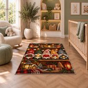 row of gnomes on a shelf rug in a nursery with a crib and armchair