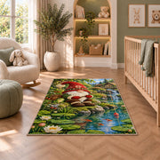 gnome fishing at a pond rug in a nursery with a crib and armchair