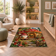 gnome at a mushroom house rug in a nursery with a crib and armchair