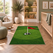 Golf hole and flag rug in a nursery with a crib and armchair
