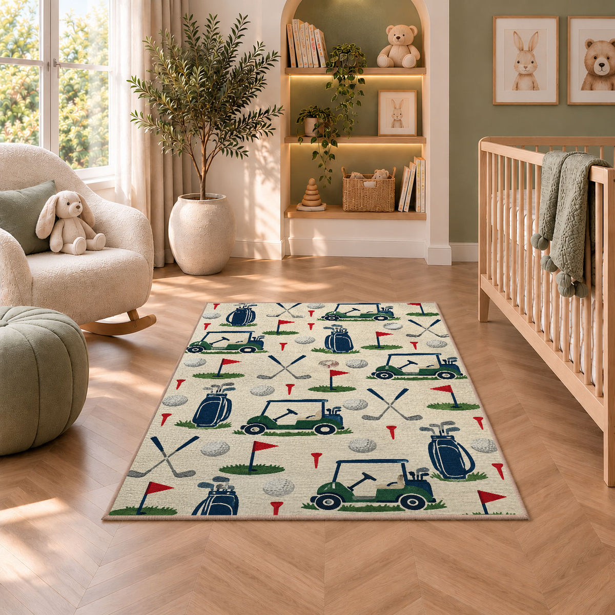 Golf icons pattern rug in a nursery with a crib and armchair