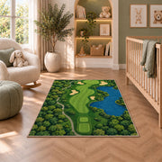Golf course map rug in a nursery with a crib and armchair