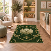 Crossed clubs emblem rug in a nursery with a crib and armchair