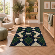 Golf argyle rug in a nursery with a crib and armchair