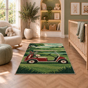 Retro golf cart rug in a nursery with a crib and armchair