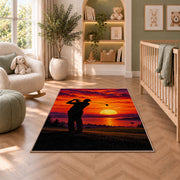 Golfer sunset rug in a nursery with a crib and armchair