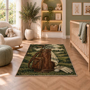 Leather golf bag rug in a nursery with a crib and armchair